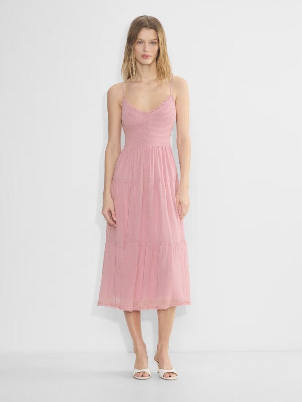 Aritzia Wilfred Tuberose Smocked Tiered Chiffon Dress Blush Pink M